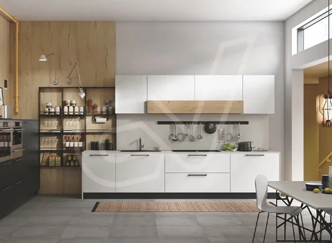 Cocina blanca con columna despensera y zona de comedor
