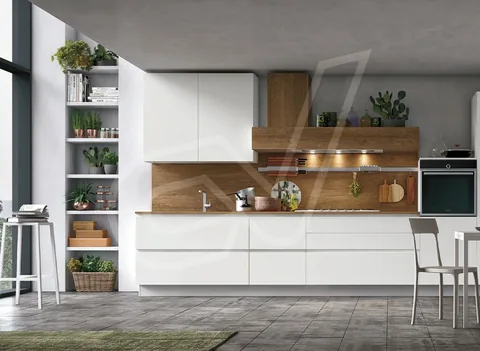 Cocina blanca con estante de madera y península de trabajo