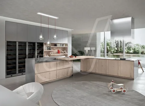 Cocina en L con isla y frentes de madera clara