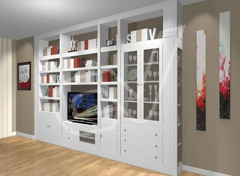 Mueble librería con vitrinas acristaladas y hueco central para el televisor