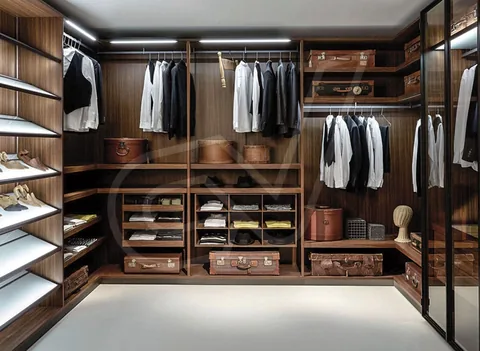 Vestidor de madera con barras, baldas y cajones iluminados